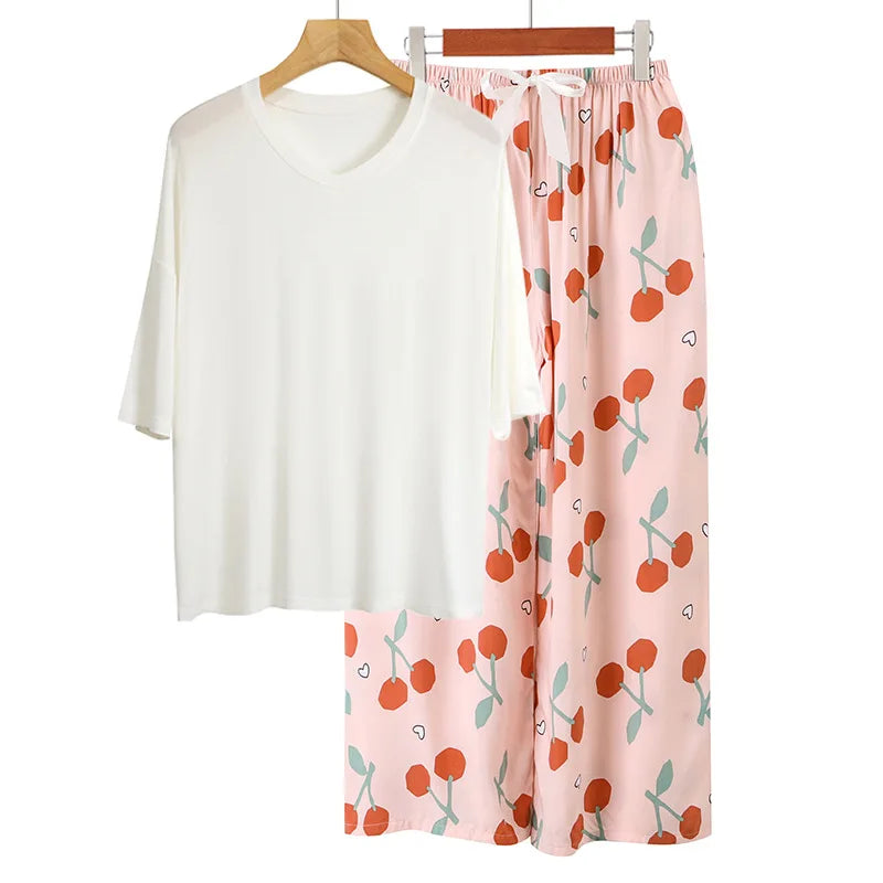 Nightwear Modal Woman Pajamas Spring Summer Casual Sleepwear Set Loose Casual Women's Home Clothes Short Sleeve Trousers Suit