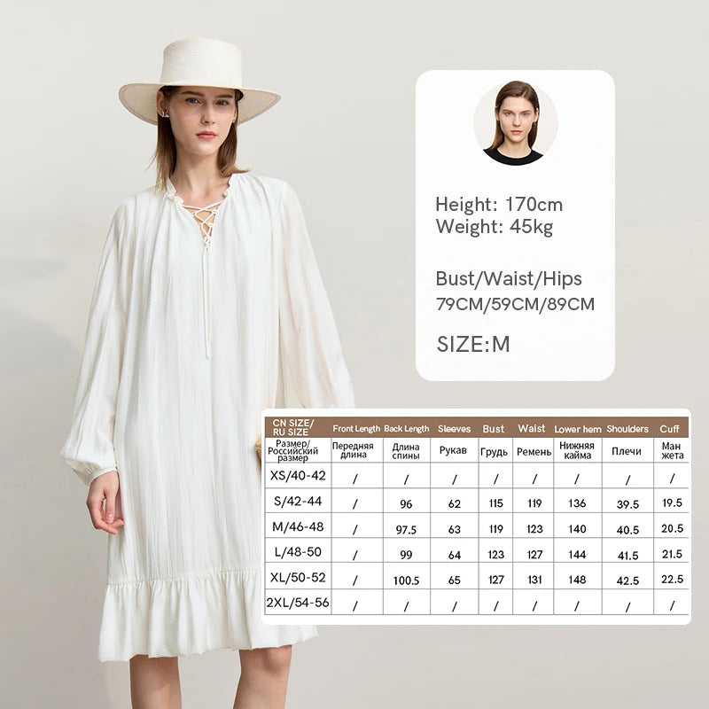 Amii Midi Dresses 2026 Autumn New Solid Color Vacation Style V-neck Lace-up Long Sleeve Loose Pleated Female Dresses 12641046