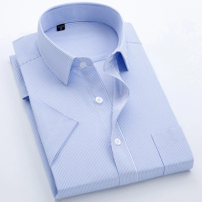 Summer Men's Vertical Striped Short-sleeved Cotton Shirt, Single-breasted Square Collar Shirts with A Pocket on The Left Chest