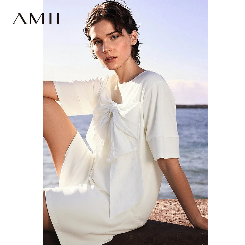 Amii Mini Dress Elegant Bow Detail O-Neck Short Sleeve 2026 Summer New Womens Dresses Casual Patchwork Woman Clothing 12652048