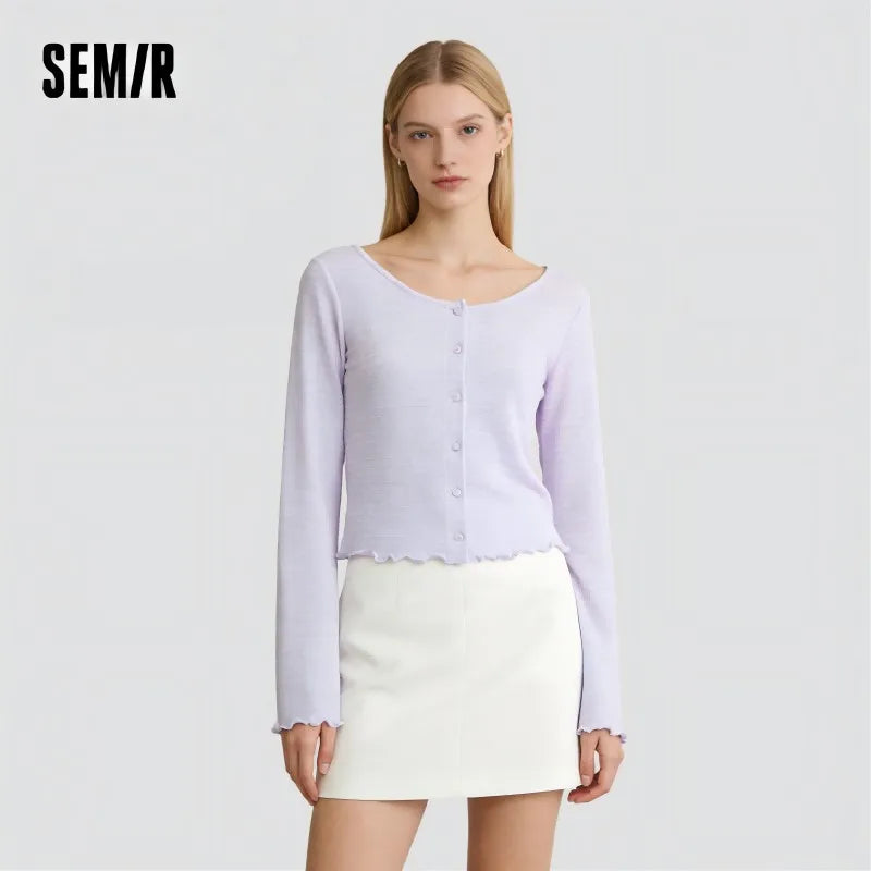Semir Women Tshirt Textured 2026 Jacquard Slim Fit Ruffle Trim Knitted Crew Neck Urban Casual Everyday Style Soft
