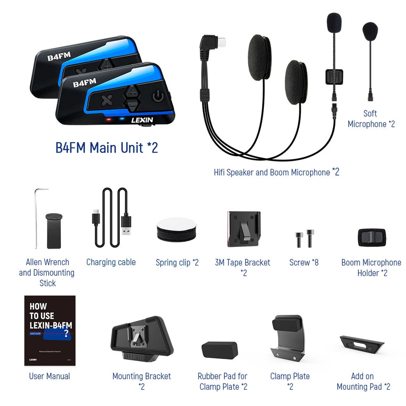 Lexin B4FM-X Bluetooth Motorcycle Intercom Helmet Headsets,BT 5.0 Wireless Communication Interphone Music Sharing 10 Riders