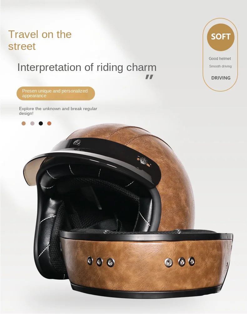 Motorcycle retro combination helmet PU leather open 3/4 chopping wave bicycle helmet CapacetDOT certification