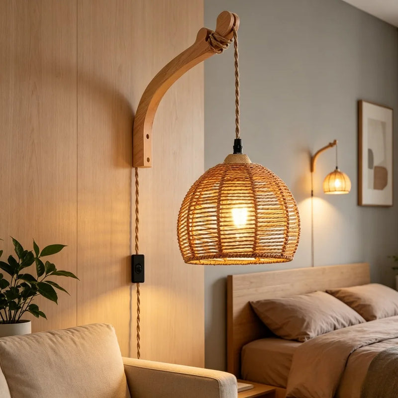 Plug in Wall Lamp Farmhouse Wicker Wall Light Plug in Hand Woven Rattan Sconce Rustic Wall Lighting for Living Room Bedroom