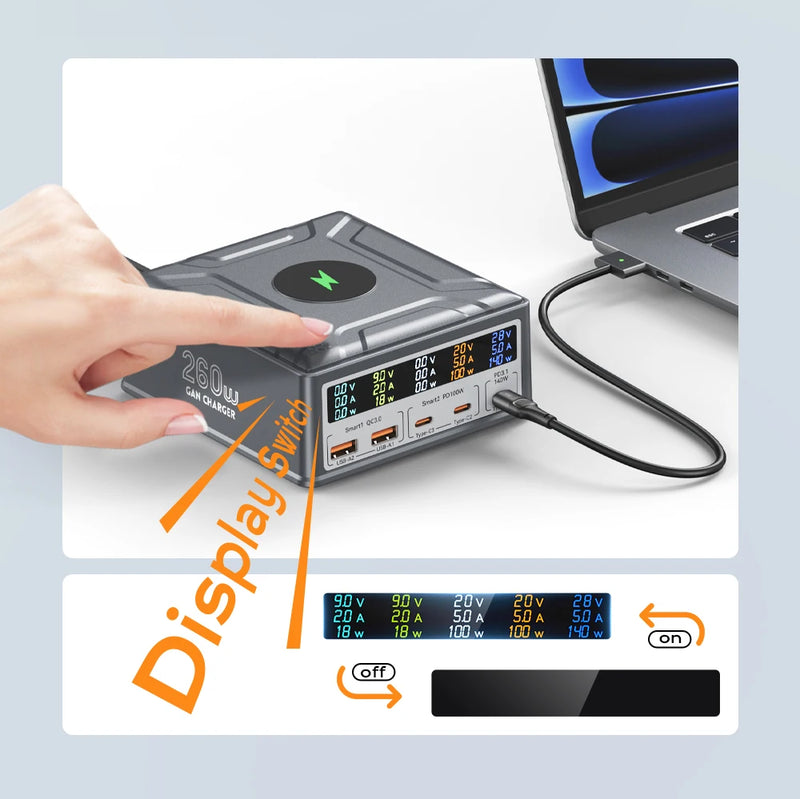 ឆ្នាំងសាកឥតខ្សែ USB C GaN 260W QC3.0 PD3.1 ស្ថានីយសាកថ្មលឿន PPS 140W សម្រាប់ iPhone 16 15 MacBook Pro Samsung Laptop ឆ្នាំងសាកឥតខ្សែ