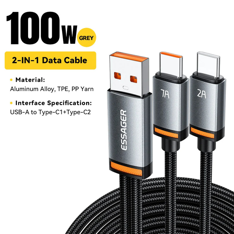 ខ្សែសាក Essager 2 in 1 7A USB A ទៅ Type C ទៅ Lighting 100W PD សាកលឿនសម្រាប់ Macbook IPhone16 15 14 Samsung Xiaomi Huawei Hono