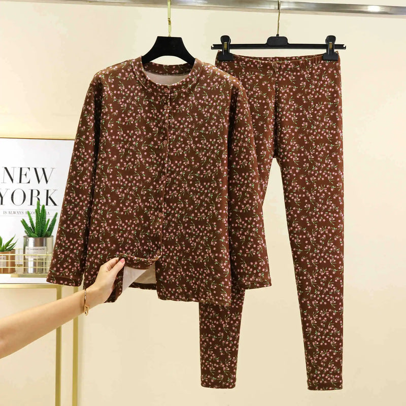 Pijamas Women Floral Print Winter Sleeping Pajamas Thicken Warm Sleepwear Set De Velvet Home Clothes Casual Big Size Pyjamas