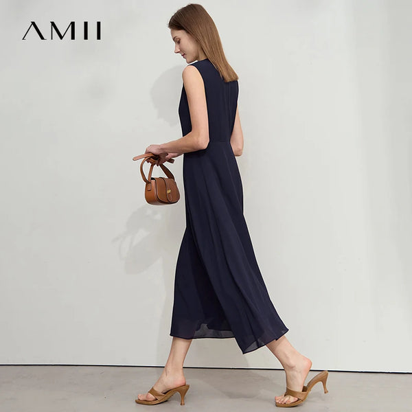រ៉ូប Amii Minimalist ដៃខ្លីសម្រាប់នារីៗ រដូវក្តៅឆ្នាំ ២០២៦ រ៉ូបការិយាល័យថ្មី ក O ឆើតឆាយ ស្ដើង ផាសុកភាព រ៉ូប Midi ១២៥៥២០២៦