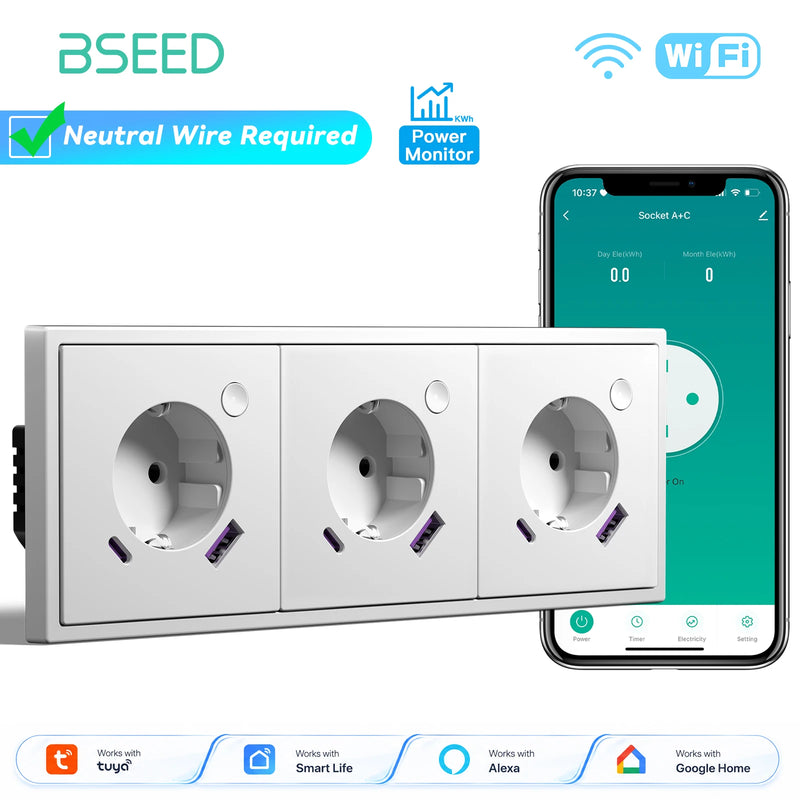 BSEED E Series WIFI Wall Socket Smart Power Monitor Socket 20W USB Type-C Charge Port Plastic Frame Tuya Smart Life Control