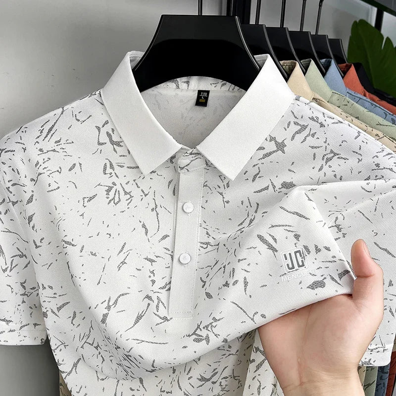 Business Casual Mens Splash Pattern Polo Short Sleeve Breath Mesh Short Vacation And Weekend Party Apparel