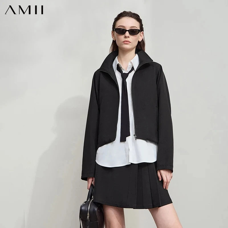 AMII Mini Skirt 2026 Autumn New Minimalist Loose Zipper Long Sleeve Jacket Solid Versatile Short Skirt Ladies Clothes 12543024