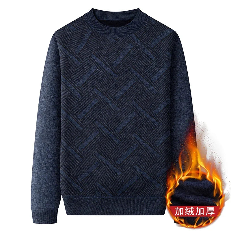 Street Style Male Knit Sweater Geometric Interlaced Stripe Pattern Comfortable Crew Neck Daily Outing Long Sleeve Top
