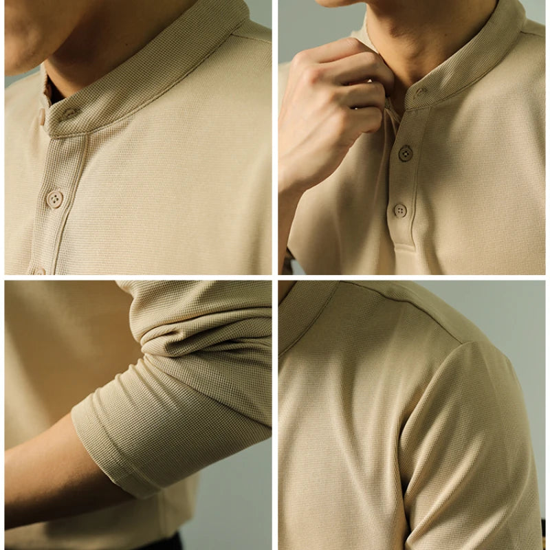 High-end New Men's Business Casual Long Sleeve Polo Shirt Stand Collar Solid Color Henley Neck T-shirt.M-4XL