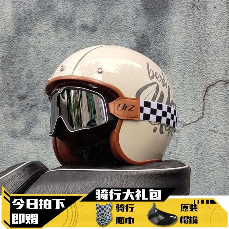 Latest Retro Motorcycle Helmet Open Face 3/4 Chopper Bicycle Helmet Capacete with Lens DOT Approved orz-060