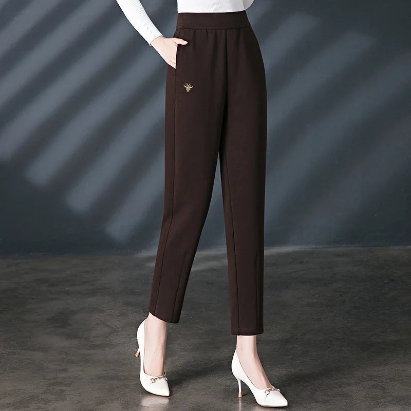 Women's Red High-waisted Harem Pants, Black Elastic Waist Casual Pant, Beige Girls' Embroidered Stretch Trousers. Asian Sizes