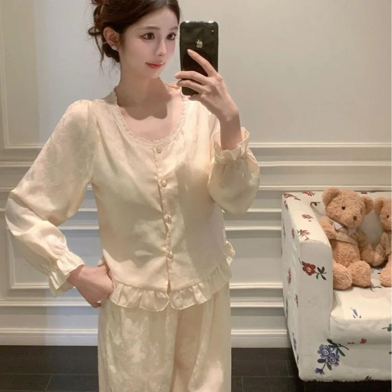 Ice Silk New Autumn Sleepwear Woman Nightwear Hot-selling Loungewear Printed Long Sleeve Pajamas Set Two-piece Home Wear Pijama