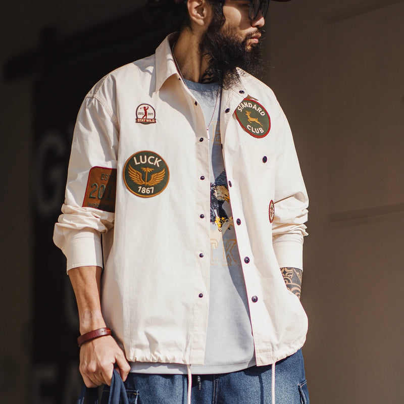 Maden Men's Vintage Patch Embroidery Long Sleeved Shirt White Single-Breasted Pocket Blouse Lightweight Patchwork Jacket Shirt