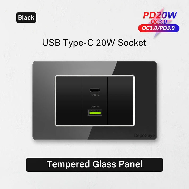 Type 118 White Black Grey Tempered Glass Wall Socket Panel 6 Charging port Triple USB Type C Wall Plug 3.1A 5V Outlet 118*75mm