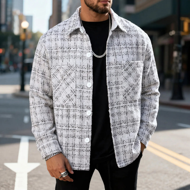 Men's Black Striped Long-sleeve Jacket for Spring and Fall; White Checkered Single-breasted Lapel Coat; Unisex Loose-fit Top.