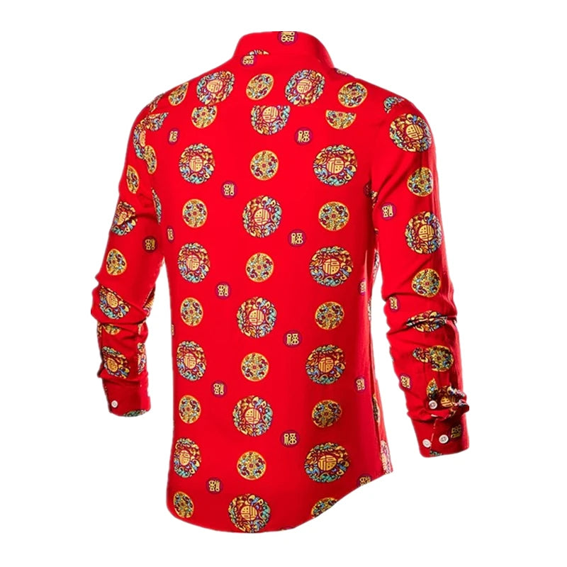 2026 Chinese Style Bright Men's Red Print Long Sleeve Shirt, Single Breasted Lapel Shirts, Green Black Fashion Casual Camisa