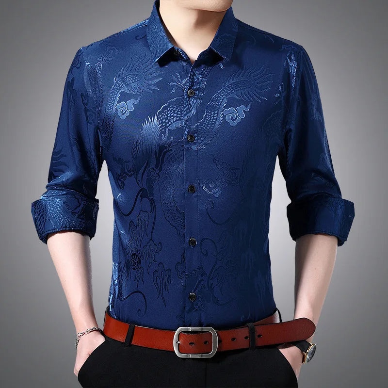 Men's Red Long-sleeve Printed Shirt with A Lapel Featuring A Chinese Dragon Design. White, Blue, Yellow, Brown, and Gray.