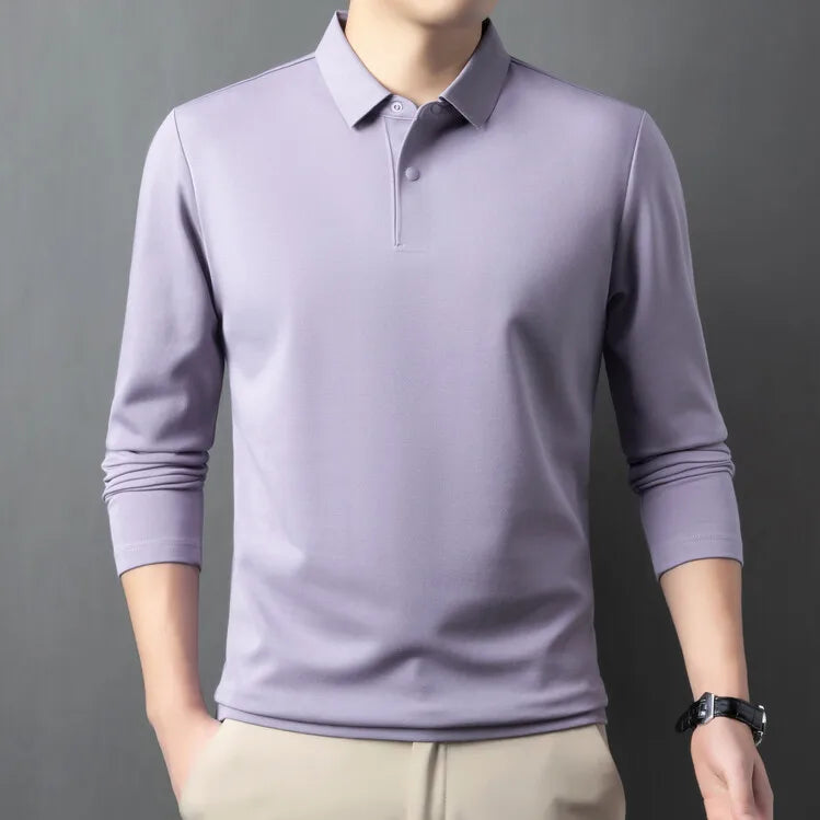 Premium Silk & Wool Blend Polo Shirt - Soft Winter Fleece Lining Luxury Business Casual Wear