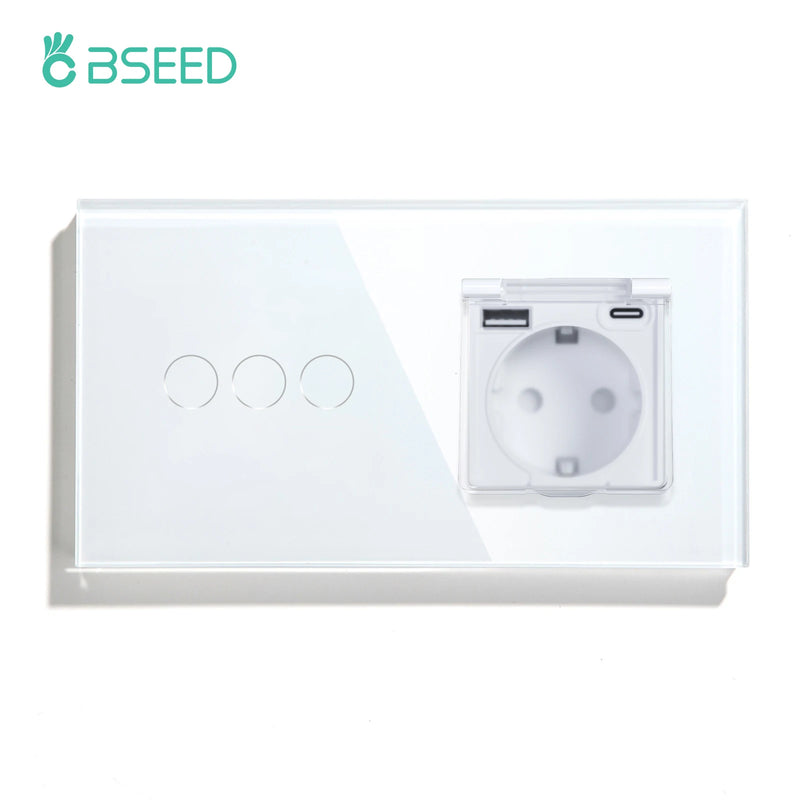 BSEED Touch Light Switch 1/2/3Gang 1Way EU Socket With Cover Glass Panel 300W Power Led Switches Waterproof USB Type-C Socket
