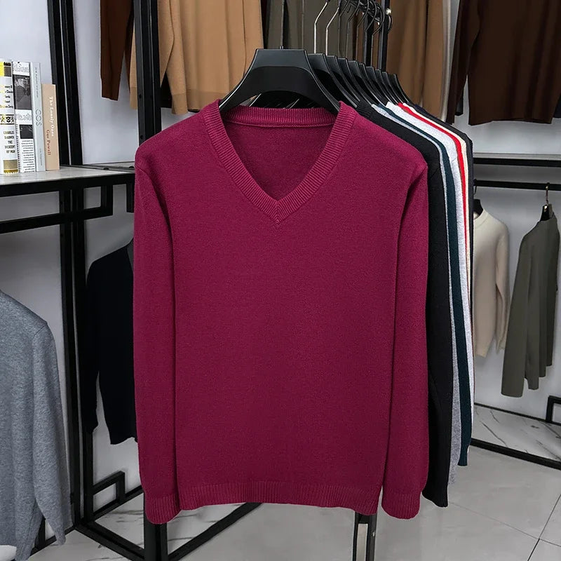 Classic V Neck Knitted Top Men Long Sleeve Smooth Knit Rib Trim Suitable For Layering Everyday Casual Look