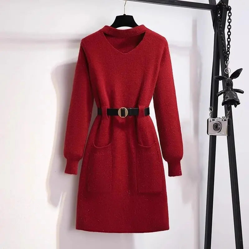 Red Knitted Primer Dress for Women's Autumn Winter French Retro Slim Inner Medium Long Sweater Thicken Warm Pullover Dresses