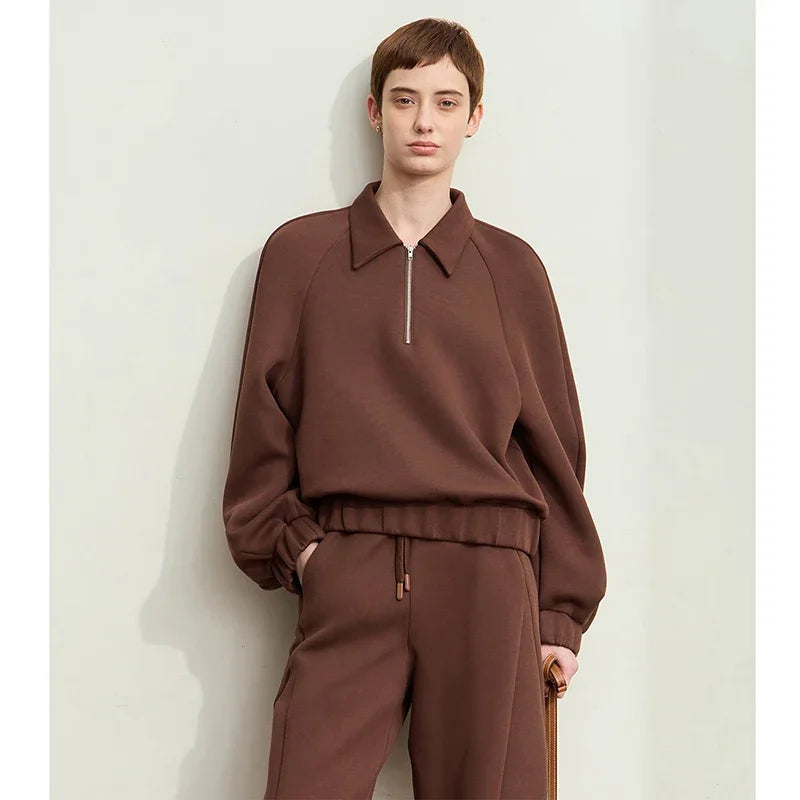 Amii Minimalism Hoodies Woman 2026 Autumn New Lapel Zipper Casual Loose Pullovers Sweatshirts for Woman Cotton Solid Top12443154