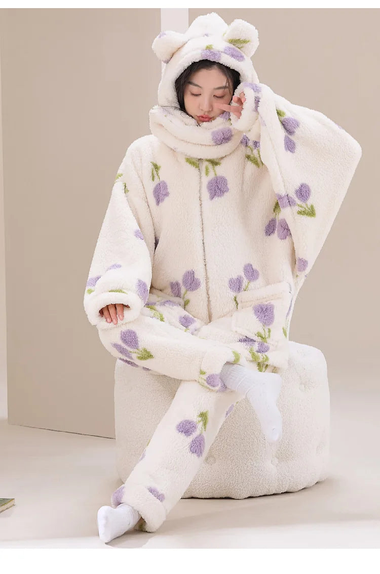 Warm Sleepwear For Winter Pajamas Thicken Flannel Coral Fleece Women's Pajamas Set Hooded Cartoon Cute Nightwear Home Clothes