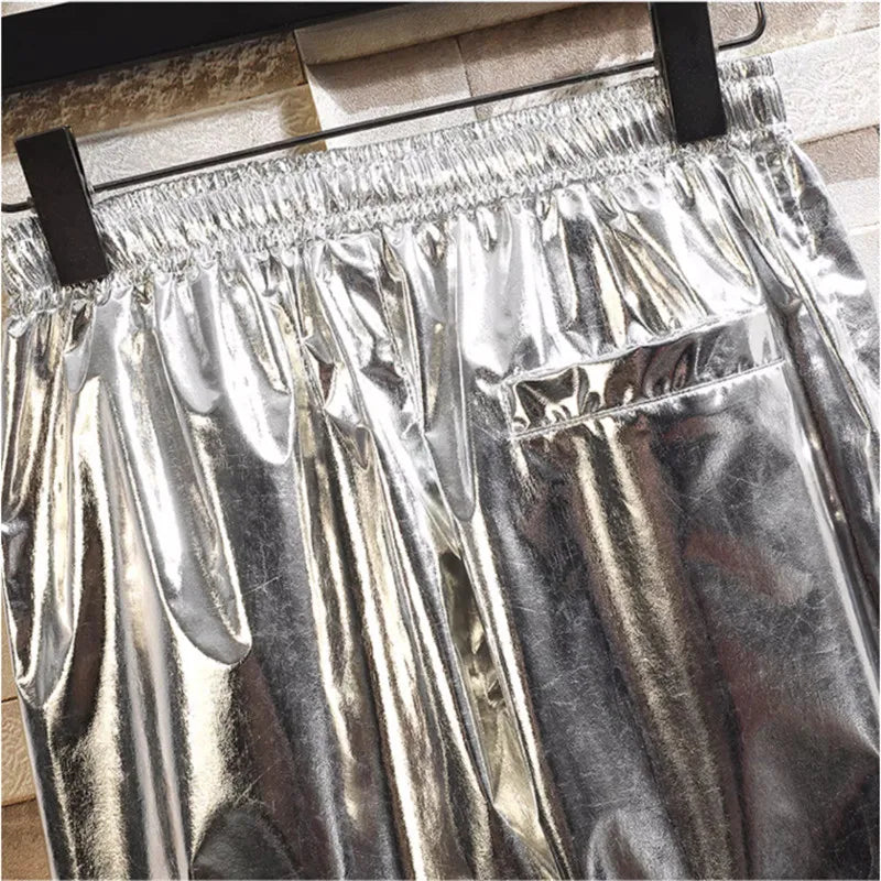 Gold Mens Pants, Elastic Waist Casual Trousers, Silver Fashion Loose Straight Leg Pant, Great for Dance Performances