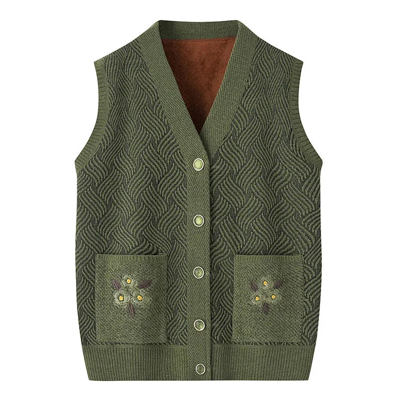 Grandma's Spring Autumn Warm Knit Jacket Middle Aged Mother Camisole Sweater Embroidered V-neck Cardigan Vest For Women XL-5XL