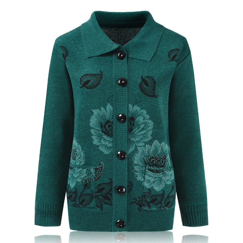 50-80 Years Old Spring Autumn Lapel Middle-Aged Elderly Mother Sweater Loose Embroidered Knitted Cardigan Top Women Jacket