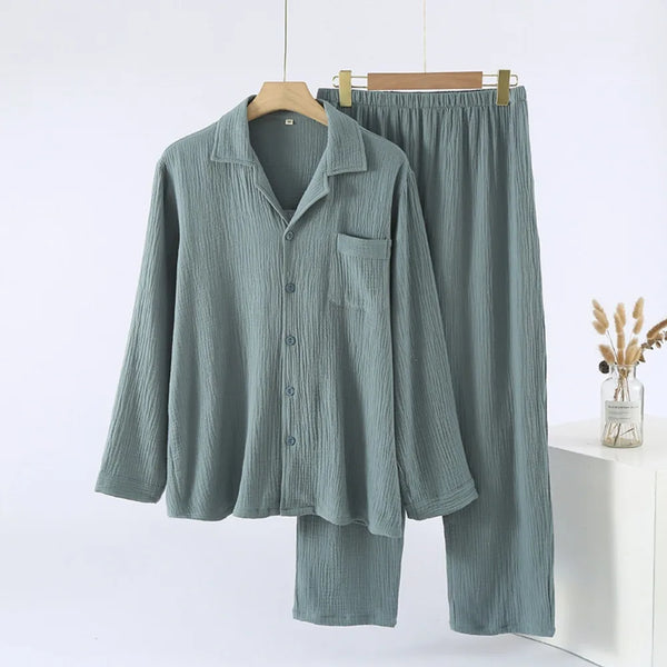 100% Cotton Pajamas for Men New Autumn Sleepwear 2PCS/Set Long-Sleeved Lapel Top Home Wear Suit Pyjamas Male for Loungewear