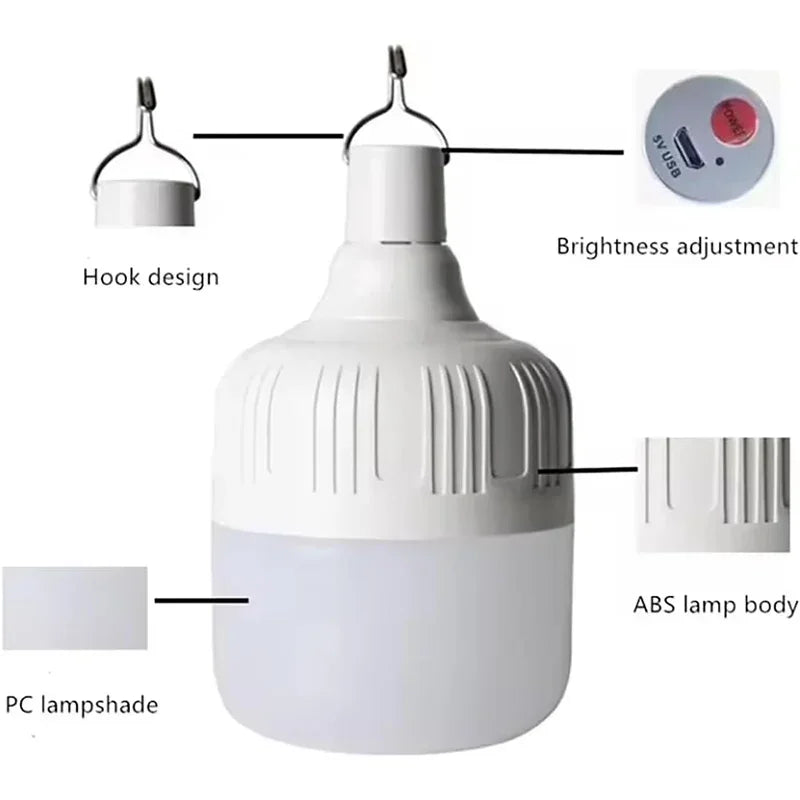 USB Rechargeable LED Emergency Lights with Solar Panel Outdoor Portable Lanterns Hanging Camping Energy Saving Bulb Garden Tent