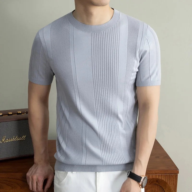 Men's Summer Short Sleeve Round Neck Linen Silk Knitted Sweater Old Money Style Breathable Slim Fit