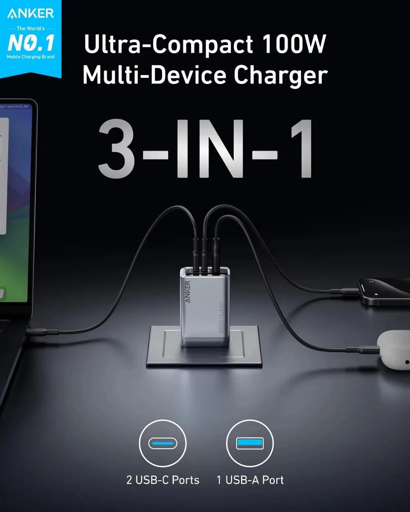 ឆ្នាំងសាក Anker Prime GaN 100W 3 រន្ធ USB C PD Fast Charger ឧបករណ៍ភ្ជាប់ថាមពលជញ្ជាំងច្រើនរន្ធសម្រាប់កុំព្យូទ័រយួរដៃ iPhone Samsung ស្មាតហ្វូន