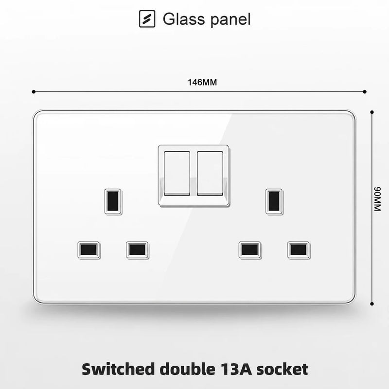 White Tempered Glass 2Way Wall Light Switch, UK Wall 18W Type-C Fast Charging USB Socket, Universal Electrical Outlet Plug 220V