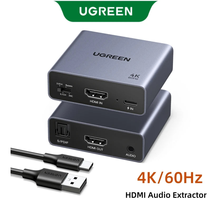 UGREEN HDMI Audio Extractor Splitter 4K 60Hz Optical Toslink 3.5mm Audio Output Power Supply Dual Switch Space Gray Aluminum She