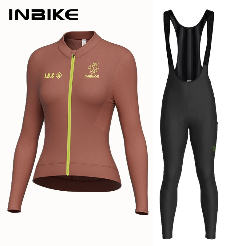 INBIKE Winter Fleece Cycling Jersey Set for Women Sleeve Thermal Top with Pockets Breathable High Waist Bib Pants Bike Clothing