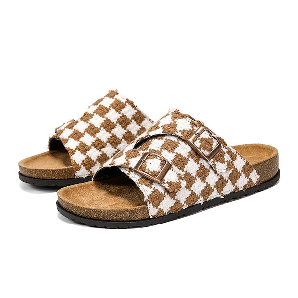 Vintage Plaid Cork Footbed Slippers Unisex Adjustable Double Buckle Flat Sandals Non-slip Summer Casual Shoes for Men Women