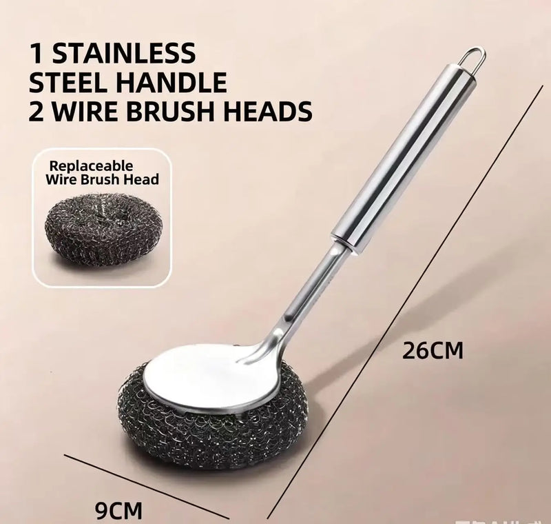 Kitchen Specific Cleaning and Scrubbing Tool for Pots and Bowls, Long Handled Steel Wire Ball Brush, Bowl Brush