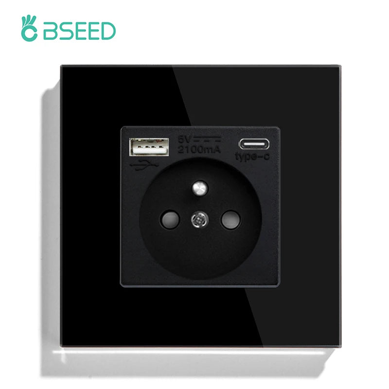 BSEED France Standard Wall Electrical Outlet USB Type-C Charge Port Glass Panel 20W Fast Charge French Socket 110-250V