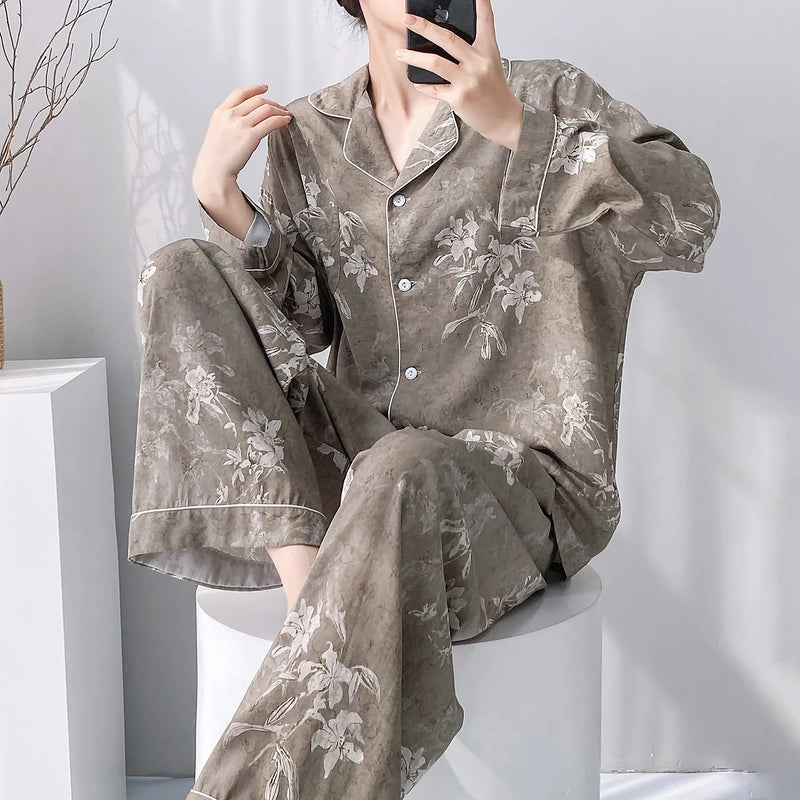 Viscose Loungewear 2 Piece Long Sleeve Top Pants Sleepwear Retro Floral Pajama Set For Women Autumn Soft Women's Home Nightwear