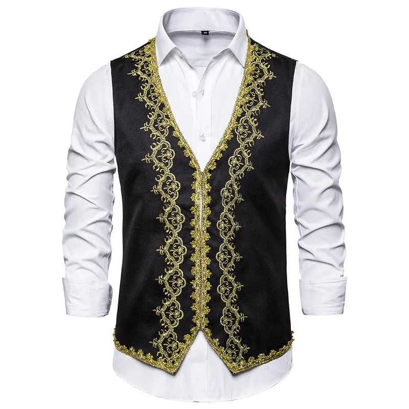 2026 Men's Red-Gold Embroidered Vest Jacket, White Court/Studio Waistcoat, Black Opera Stage Performance Sleeveless Vests Coat