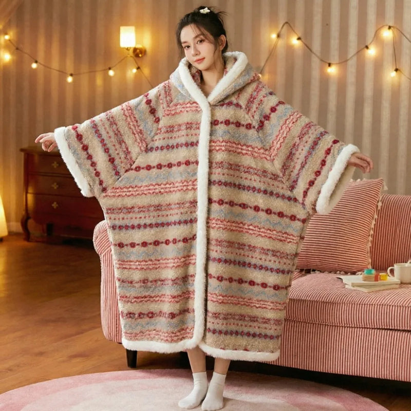 Retro Print Winter Hooded Homewear Thickened Warm Woman Clothing Long Sleeve Robe for Ladies' Bathrobe Sleepwear Dressing Gown