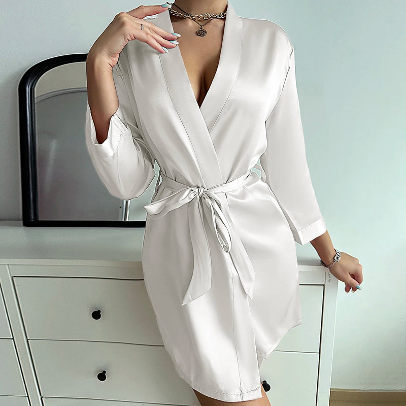 Home Dress Can Wear Ice Silk Robe Pajamas Women Summer European and American Ladies Lace-up Bathrobe Sexy Morning Gown
