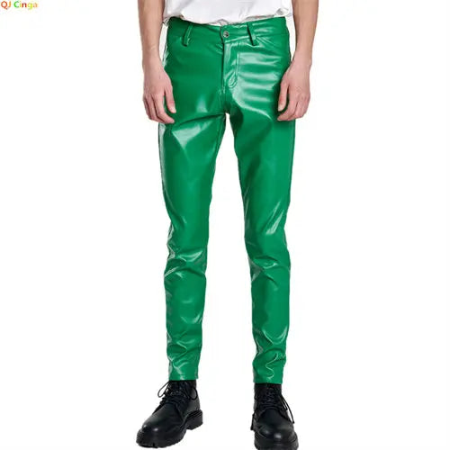 2026 New Men's Leather Pants Fashion Slim PU Trousers Red Blue Black Gray White Pantalones Hombre
