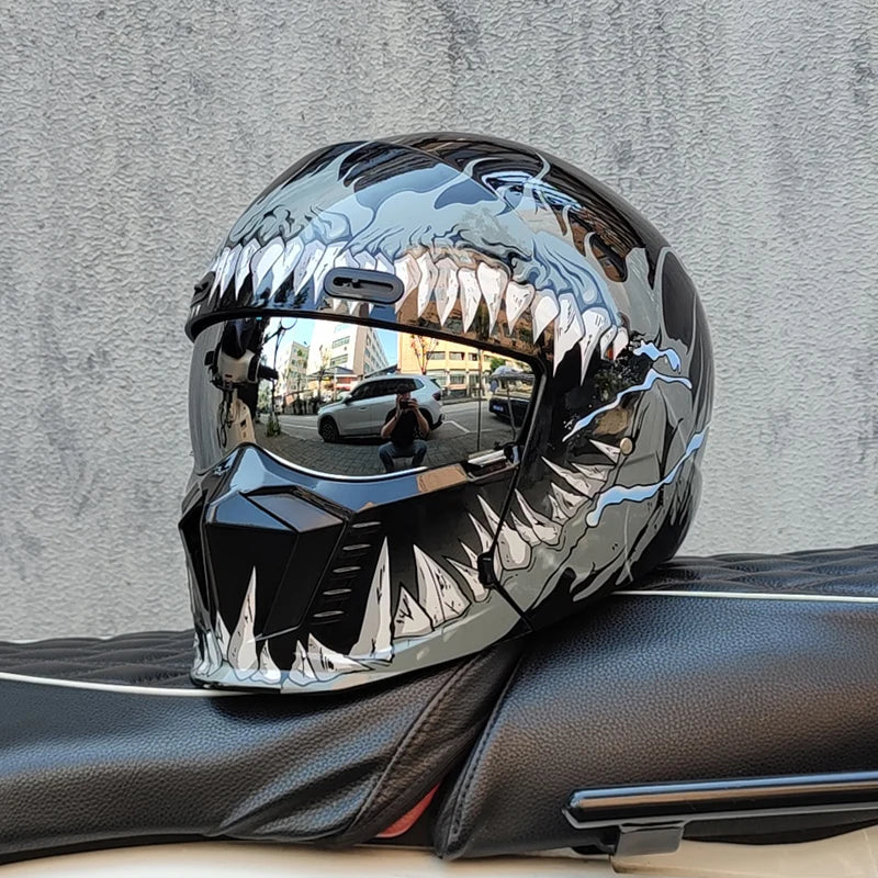 ORZ Retro Cruising Motorcycle Helmet Black Warrior Style Multi functional Combination Full Helmet ABS Material GB-7
